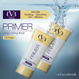 Two bottles of DV3 Paris Primer with water droplets on a light blue background