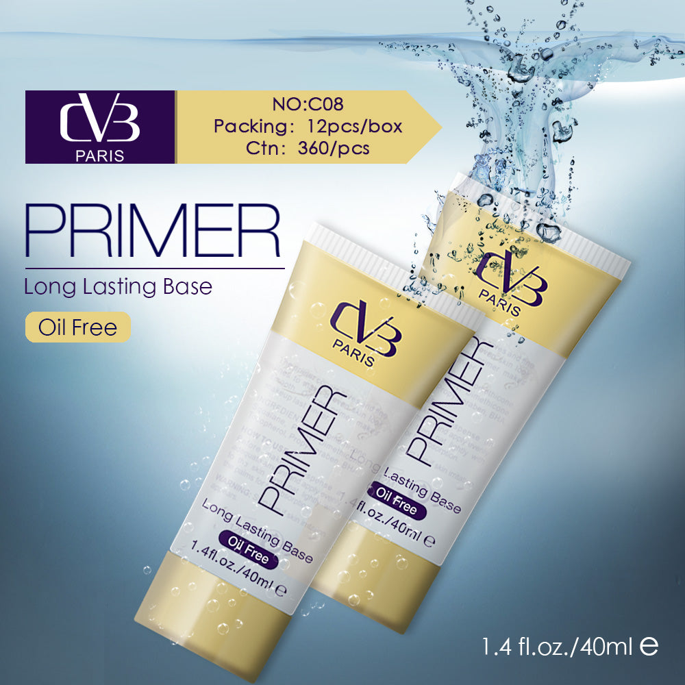 Two bottles of DV3 Paris Primer with water droplets on a light blue background