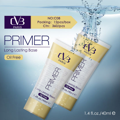 Two bottles of DV3 Paris Primer with water droplets on a light blue background