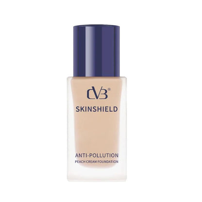 Foundation bottle with blue cap labeled 'dv3 Skinshield' on a white background