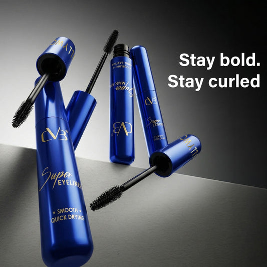 Blue mascara bottles with black brushes on a gray background, featuring the text 'Stay bold. Stay curled'.