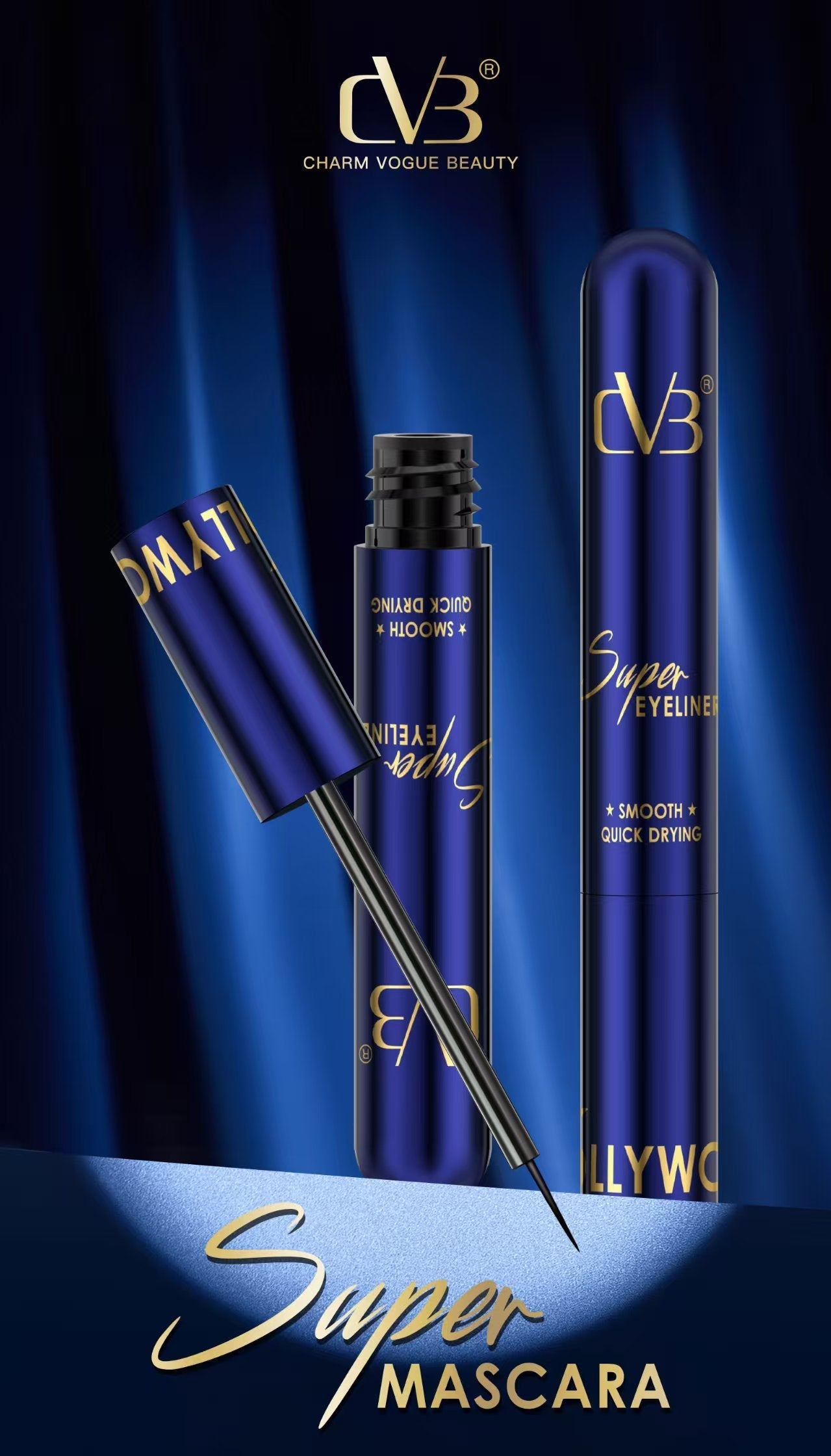 Super Mascara with applicator on a blue background, featuring Charm Vogue Beauty branding.