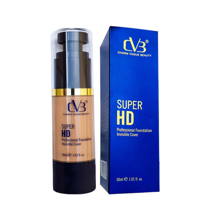 An official studio product shot of CVB Charm Vogue Beauty Super HD Professional Foundation on a clean white background.The image features two items side-by-side:On the left: A clear 30ml pump bottle showcasing a medium-tan liquid foundation. The bottle has a gold metallic accent ring, a black pump mechanism, a clear plastic cap, and a black base.On the right: The product's rectangular cardboard packaging box in a vibrant, matte blue color.Both the bottle and the box display the gold CVB logo at the top, fol