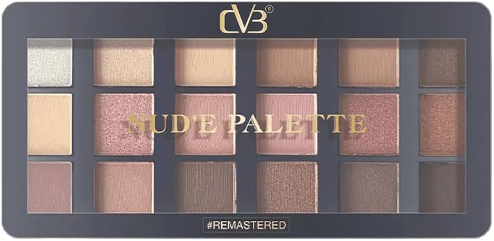 A rectangular CVB Nude Palette Remastered eyeshadow palette featuring 18 square pans arranged in a three-by-six grid. The shades include a mix of matte and shimmer neutral tones, ranging from light cream and beige to soft pinks, warm copper, and deep brown. The palette has a black frame with a clear window displaying the colors, with the gold brand logo "CVB" at the top center and the text "NUDE PALETTE" printed across the middle.