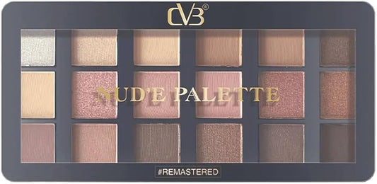 A rectangular CVB Nude Palette Remastered eyeshadow palette featuring 18 square pans arranged in a three-by-six grid. The shades include a mix of matte and shimmer neutral tones, ranging from light cream and beige to soft pinks, warm copper, and deep brown. The palette has a black frame with a clear window displaying the colors, with the gold brand logo "CVB" at the top center and the text "NUDE PALETTE" printed across the middle.