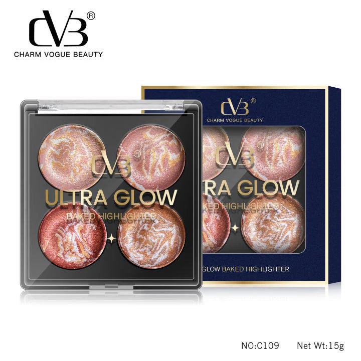 An advertisement for CVB Charm Vogue Beauty Ultra Glow Baked Highlighter, displaying a square four-pan makeup palette next to its blue and gold cardboard packaging against a white background.