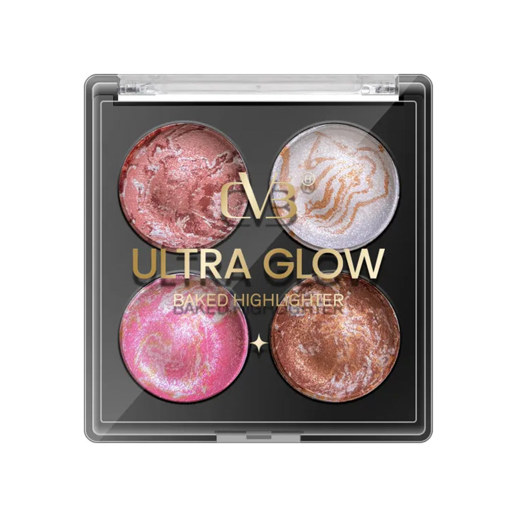 A square, clear-lidded CVB Ultra Glow Baked Highlighter palette displaying four round, marbled makeup pans against a clean white background.