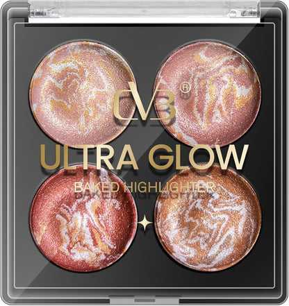 Four baked highlighter shades in a CV3 Ultra Glow palette on a clear background