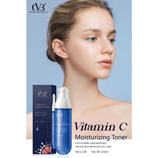 Vitamin C moisturizing toner with packaging and a model on a light blue background