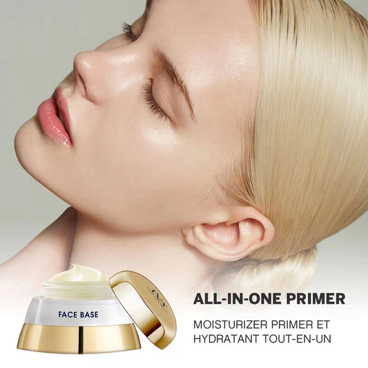 Woman applying an All-in-One Primer with a close-up of the product on a light background