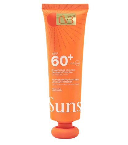 Orange sunscreen tube with 'CVB' branding on a white background