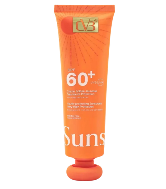 Orange sunscreen tube with 'CVB' branding on a white background