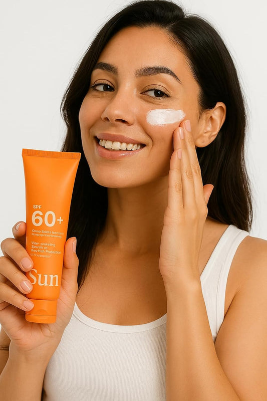 Woman applying sunscreen to her face with a tube of Sunscreen SPF 60+.