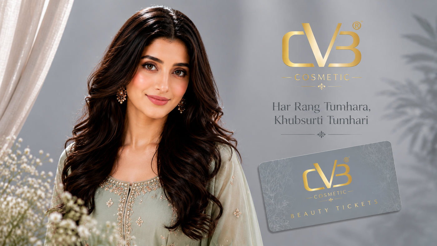 Woman with long dark hair and CVB Cosmetics branding in the background