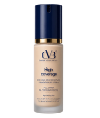Foundation bottle with navy cap and beige body on a white background