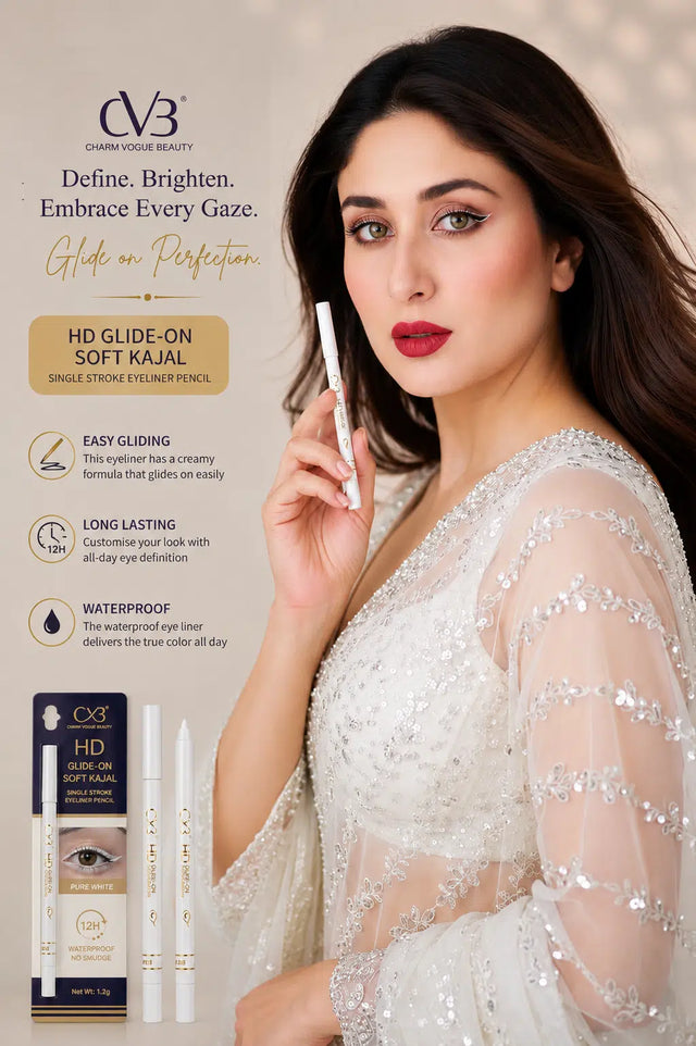 Woman holding a cosmetic pencil with product details on a beige background