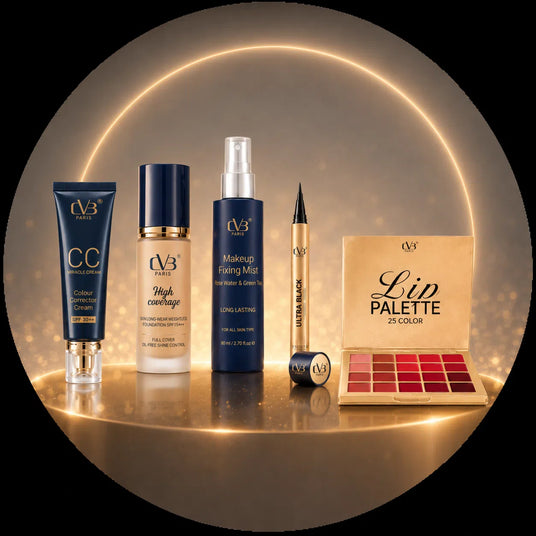 Makeup products including CC cream, foundation, mist, eyeliner, and lip palette on a reflective surface with a glowing circular frame.