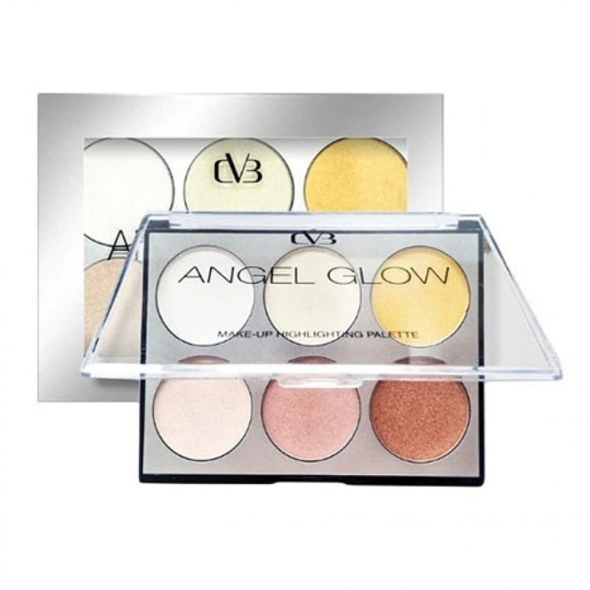 Make-up highlighting palette with 'Angel Glow' branding on a white background