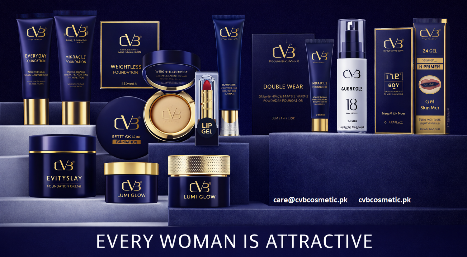 Charm Vogue Beauty product line on a dark background with the brand logo.