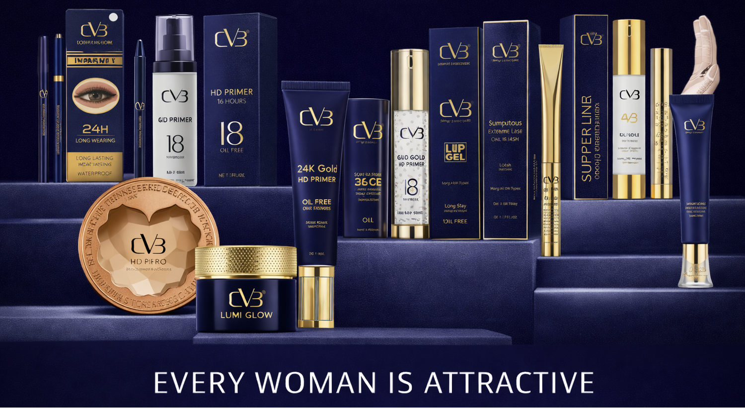 Charm Vogue Beauty product line with various skincare and cosmetic items on a dark background.