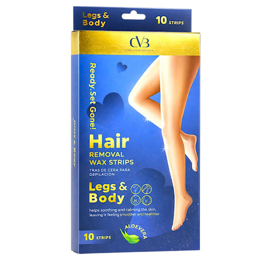 Packaging of hair removal wax strips for legs and body with a blue and yellow design.