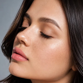 Close-up of a woman's face with closed eyes on a gray background
