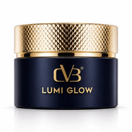 Cosmetic jar labeled 'Lumi Glow' with gold lid on a white background